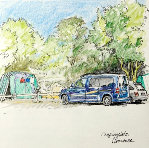 Our car and our tent at the campsite of Lausanne.